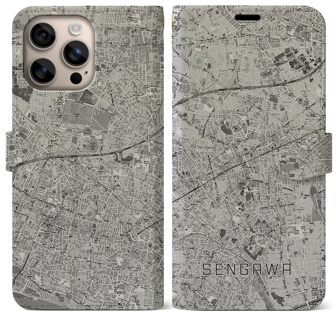 【仙川(東京都)】地図柄iPhoneケース(手帳タイプ)モノトーン・iPhone 16 Plus 用