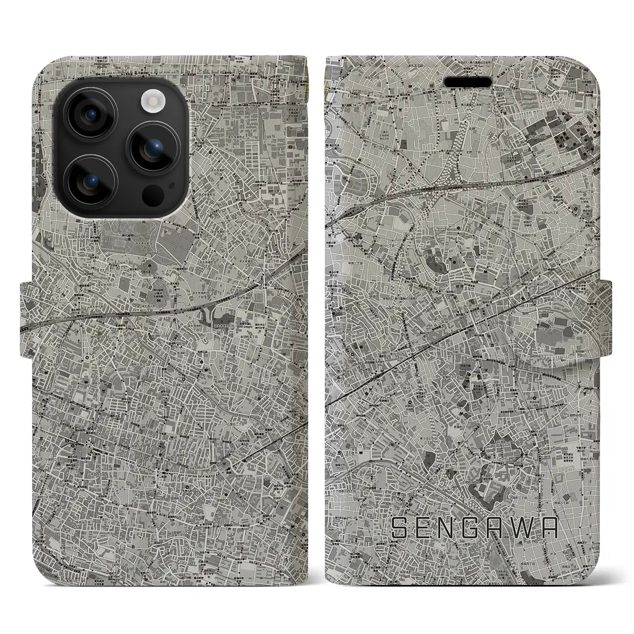 【仙川(東京都)】地図柄iPhoneケース(手帳タイプ)モノトーン・iPhone 16 用