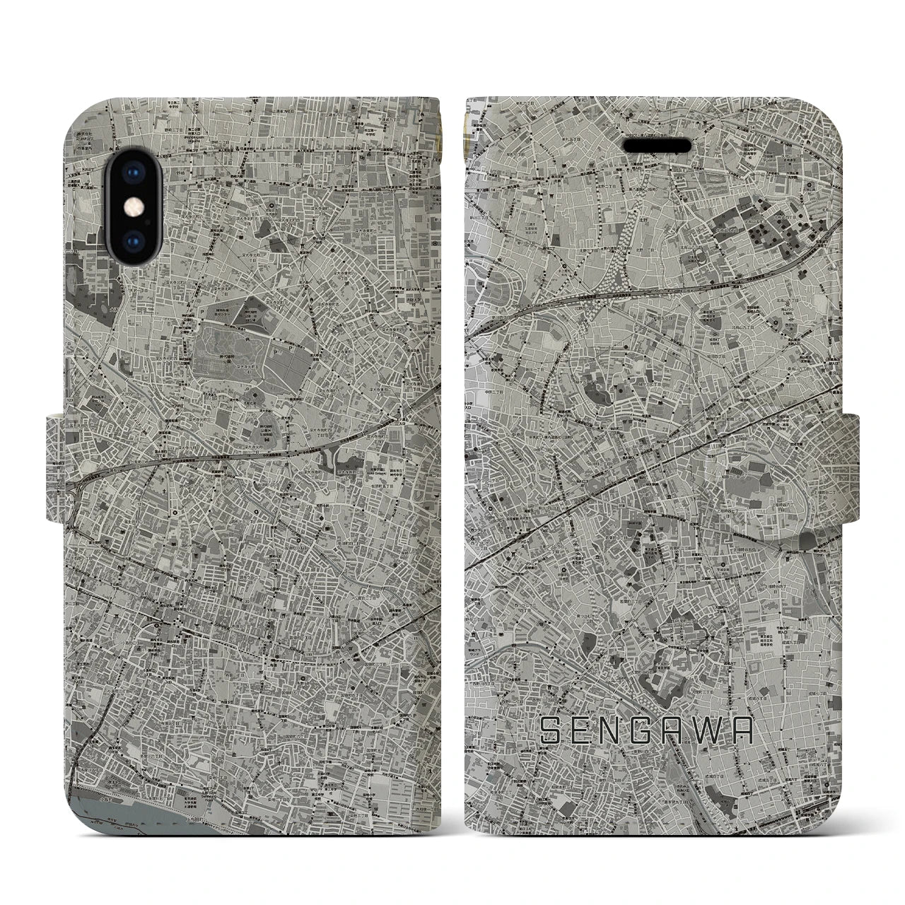 【仙川(東京都)】地図柄iPhoneケース(手帳タイプ)モノトーン・iPhone XS / X 用