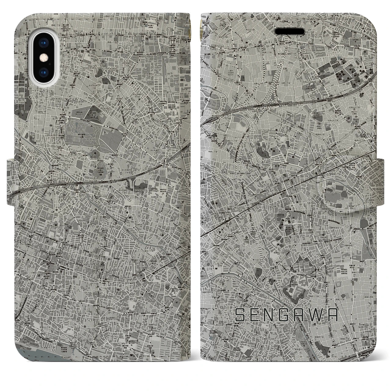 【仙川(東京都)】地図柄iPhoneケース(手帳タイプ)モノトーン・iPhone XS Max 用