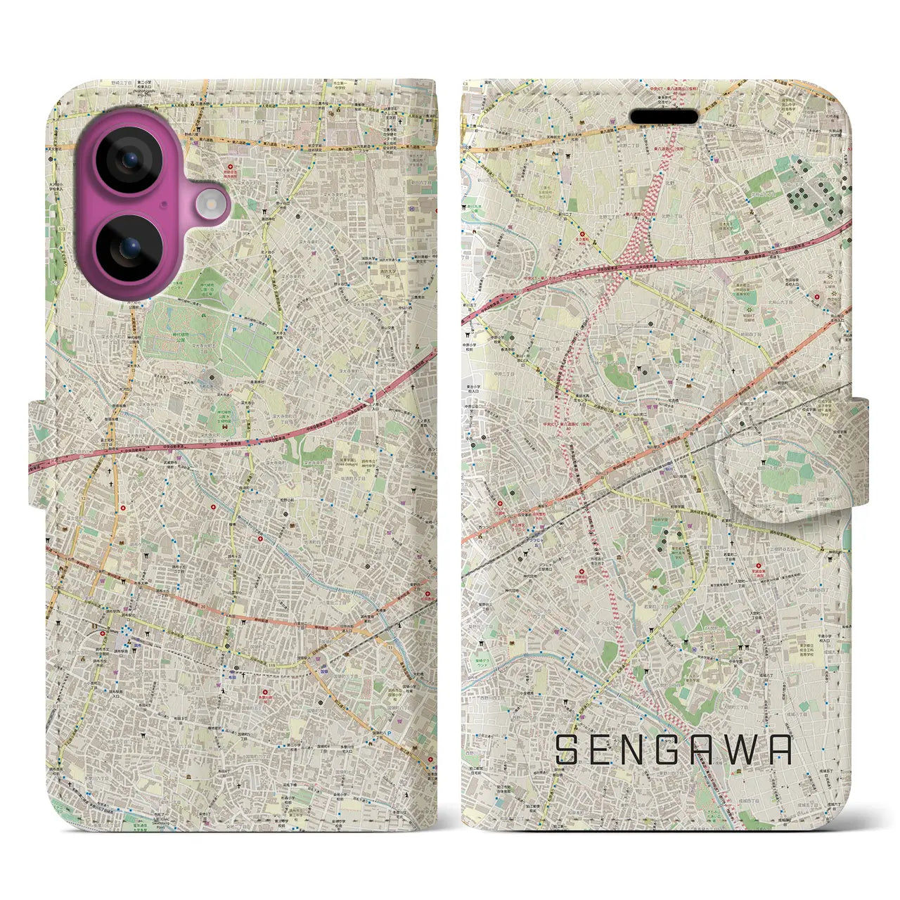 【仙川(東京都)】地図柄iPhoneケース(手帳タイプ)ナチュラル・iPhone 16 Pro 用