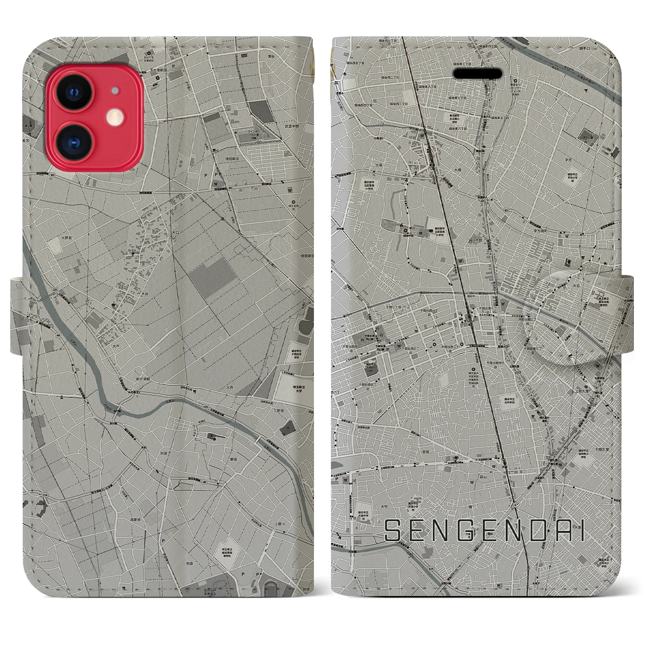 【せんげん台(埼玉県)】地図柄iPhoneケース(手帳タイプ)モノトーン・iPhone 11 用