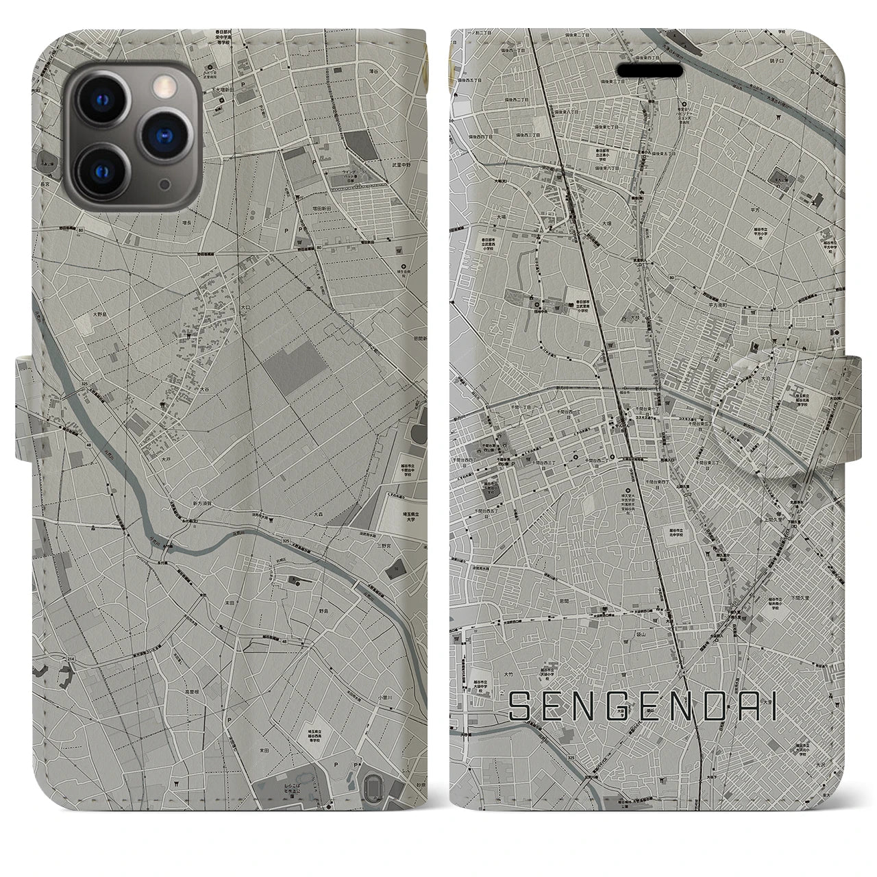 【せんげん台(埼玉県)】地図柄iPhoneケース(手帳タイプ)モノトーン・iPhone 11 Pro Max 用