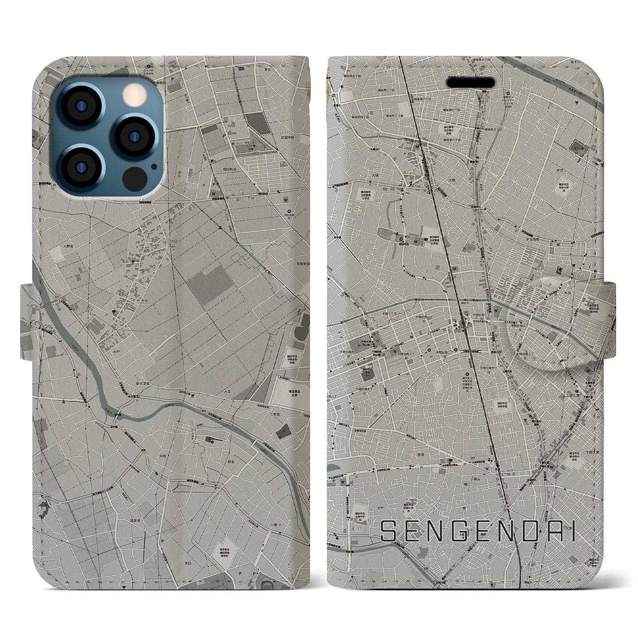 【せんげん台(埼玉県)】地図柄iPhoneケース(手帳タイプ)モノトーン・iPhone 12 / 12 Pro 用