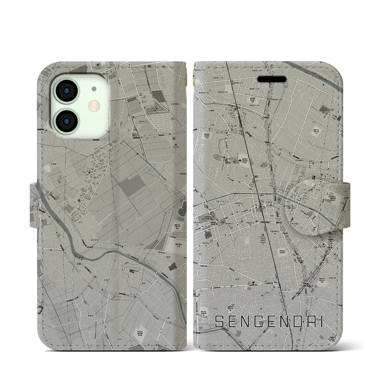 【せんげん台(埼玉県)】地図柄iPhoneケース(手帳タイプ)モノトーン・iPhone 12 mini 用