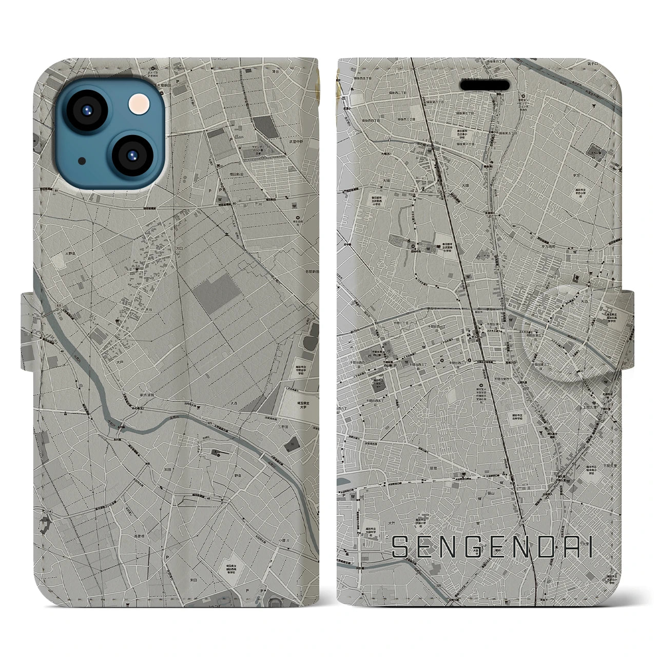 【せんげん台(埼玉県)】地図柄iPhoneケース(手帳タイプ)モノトーン・iPhone 13 用