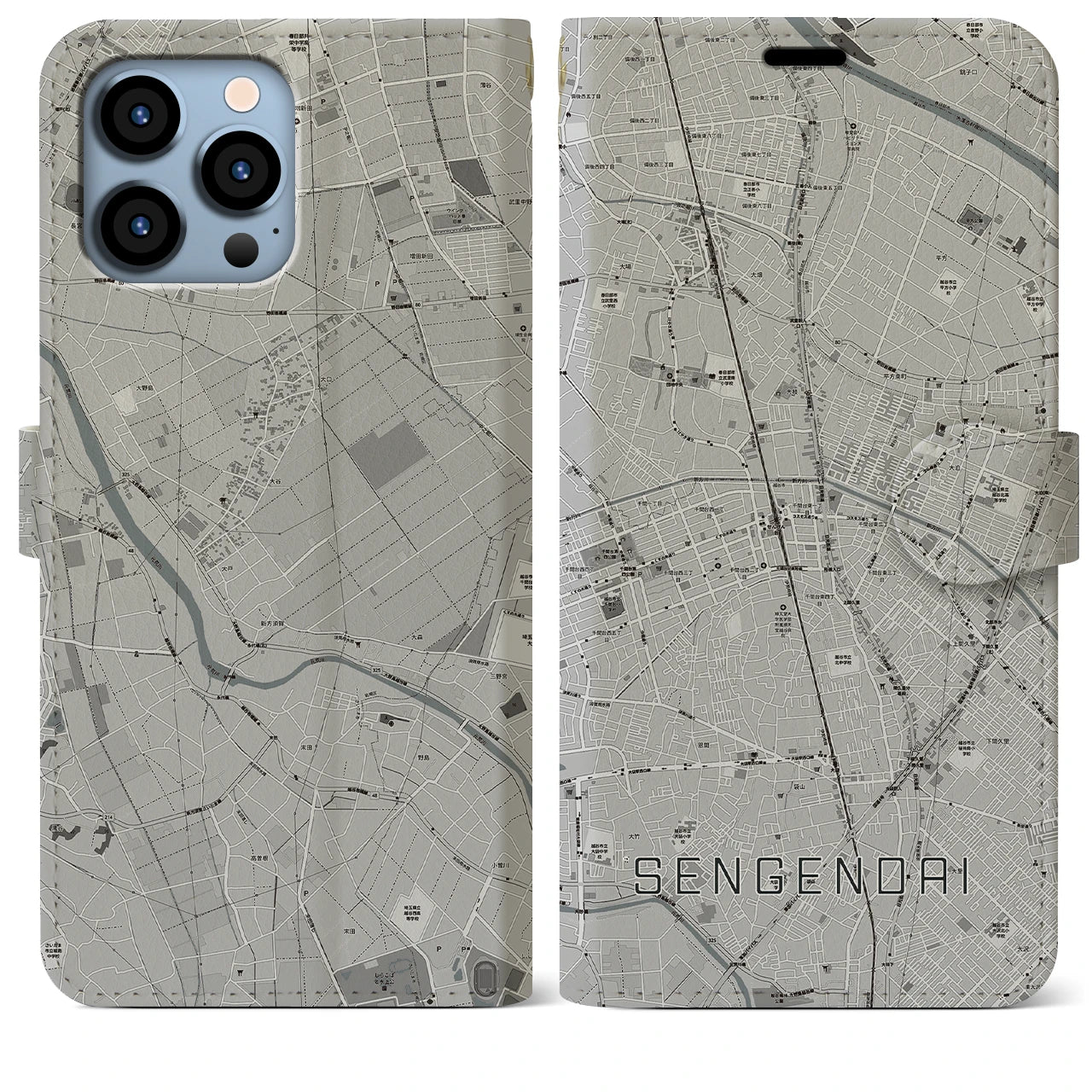 【せんげん台(埼玉県)】地図柄iPhoneケース(手帳タイプ)モノトーン・iPhone 13 Pro Max 用