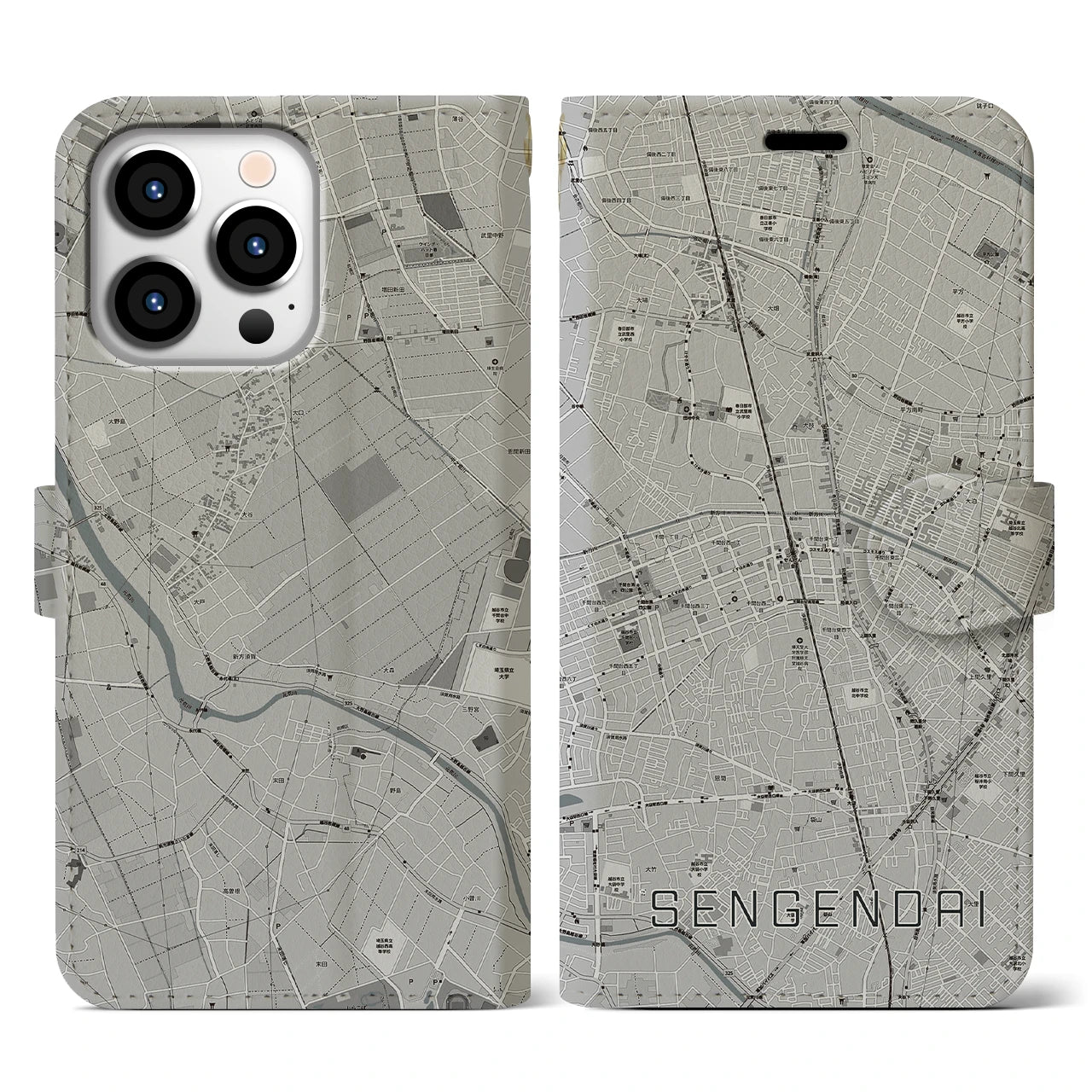 【せんげん台(埼玉県)】地図柄iPhoneケース(手帳タイプ)モノトーン・iPhone 13 Pro 用