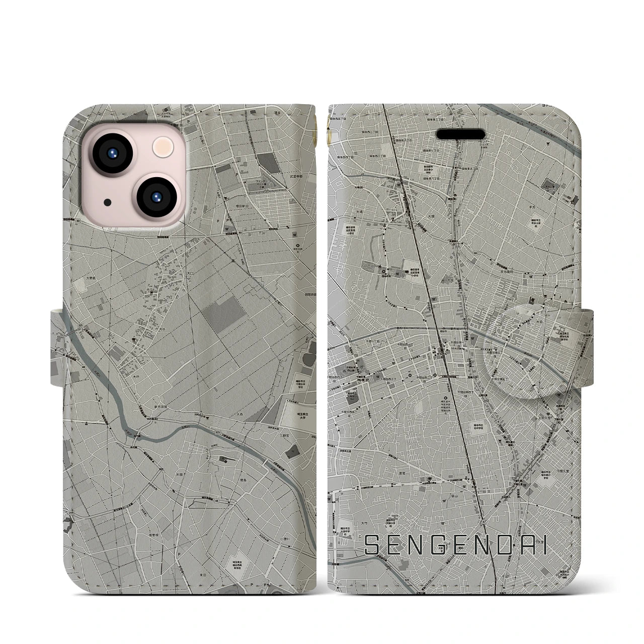 【せんげん台(埼玉県)】地図柄iPhoneケース(手帳タイプ)モノトーン・iPhone 13 mini 用