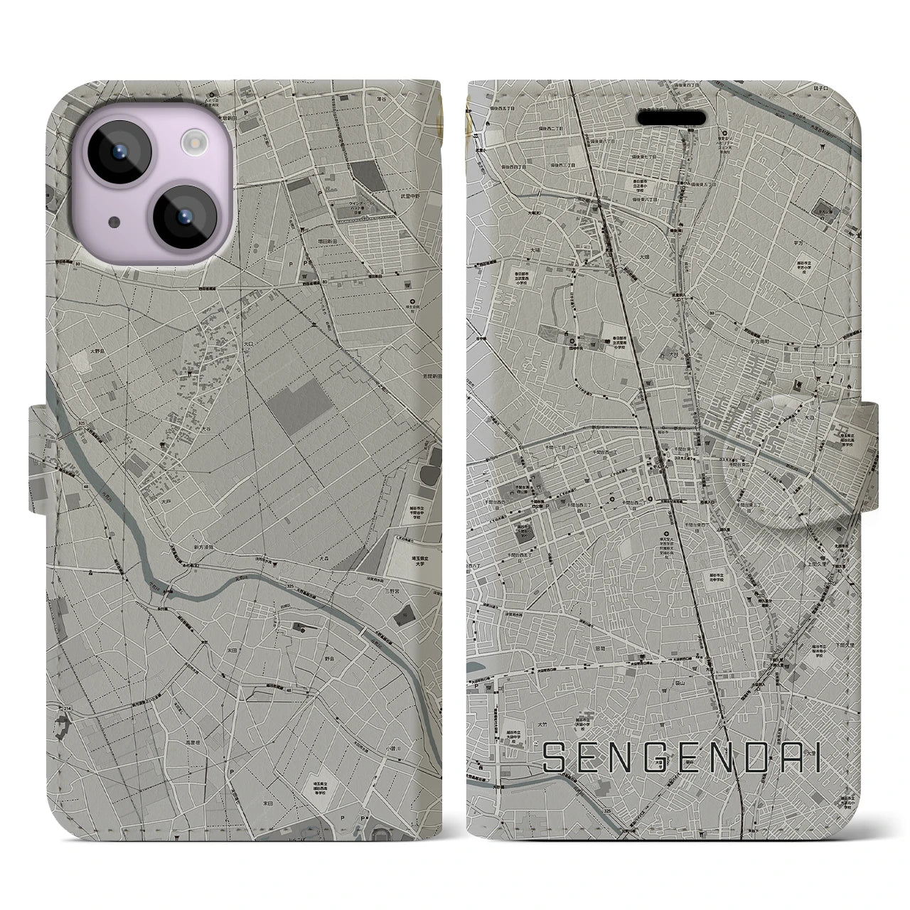 【せんげん台(埼玉県)】地図柄iPhoneケース(手帳タイプ)モノトーン・iPhone 14 用