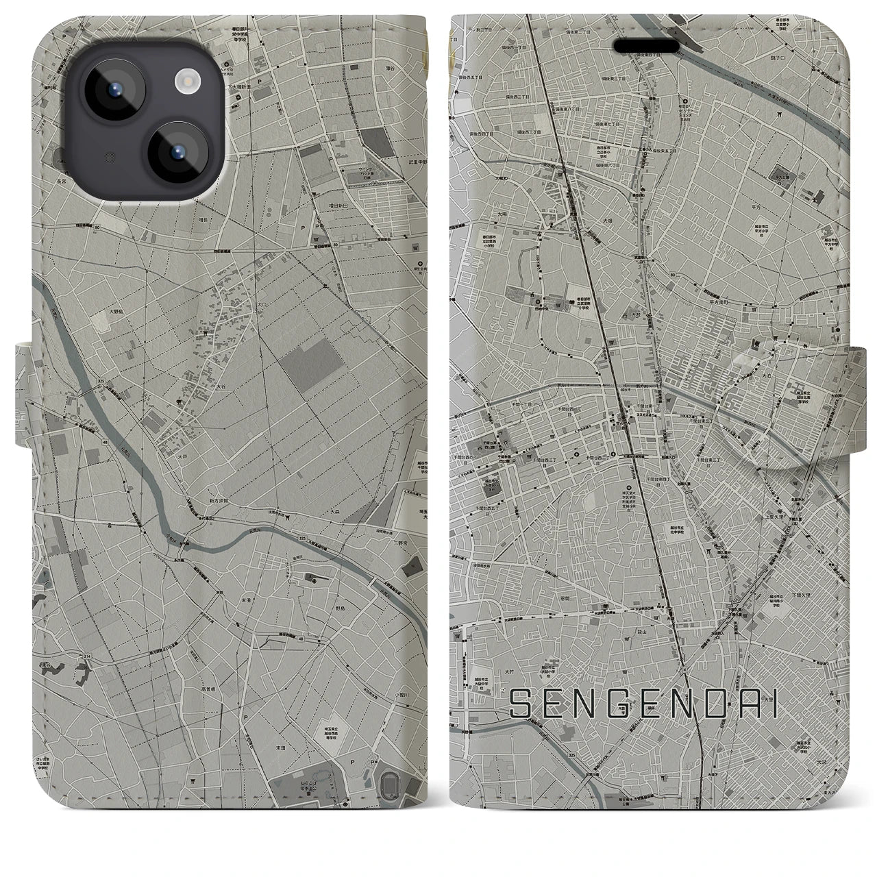 【せんげん台(埼玉県)】地図柄iPhoneケース(手帳タイプ)モノトーン・iPhone 14 Plus 用