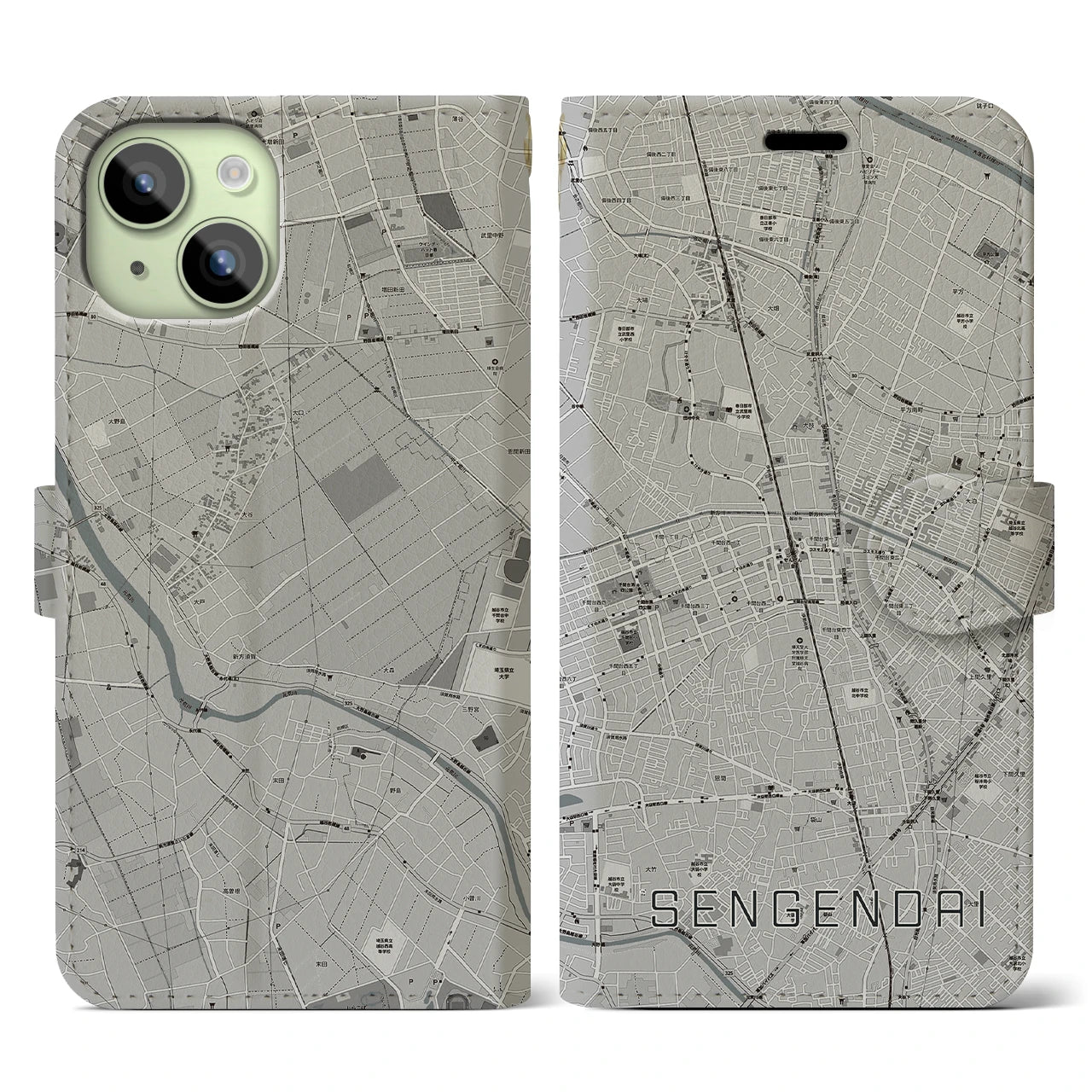【せんげん台(埼玉県)】地図柄iPhoneケース(手帳タイプ)モノトーン・iPhone 15 用