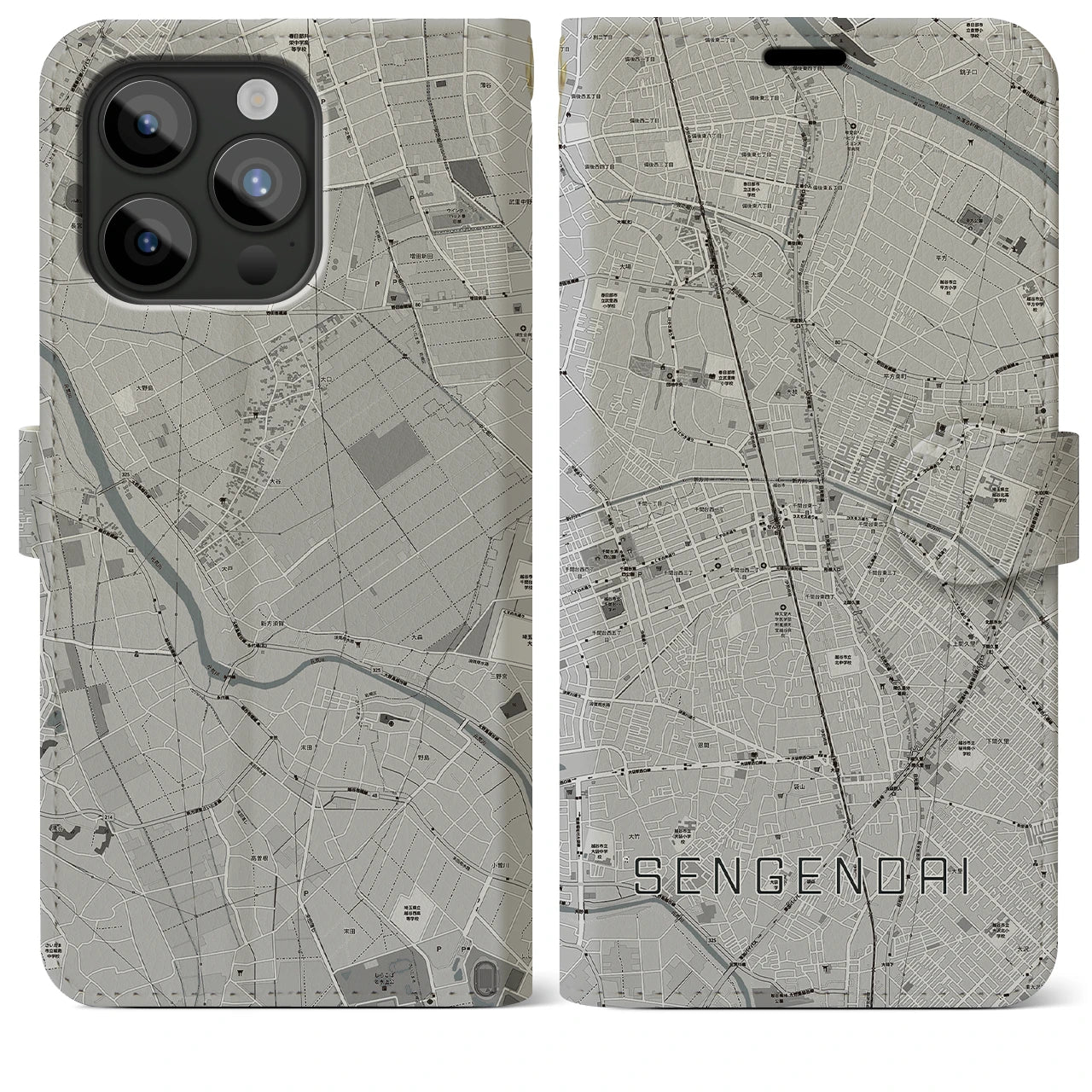 【せんげん台(埼玉県)】地図柄iPhoneケース(手帳タイプ)モノトーン・iPhone 15 Pro Max 用