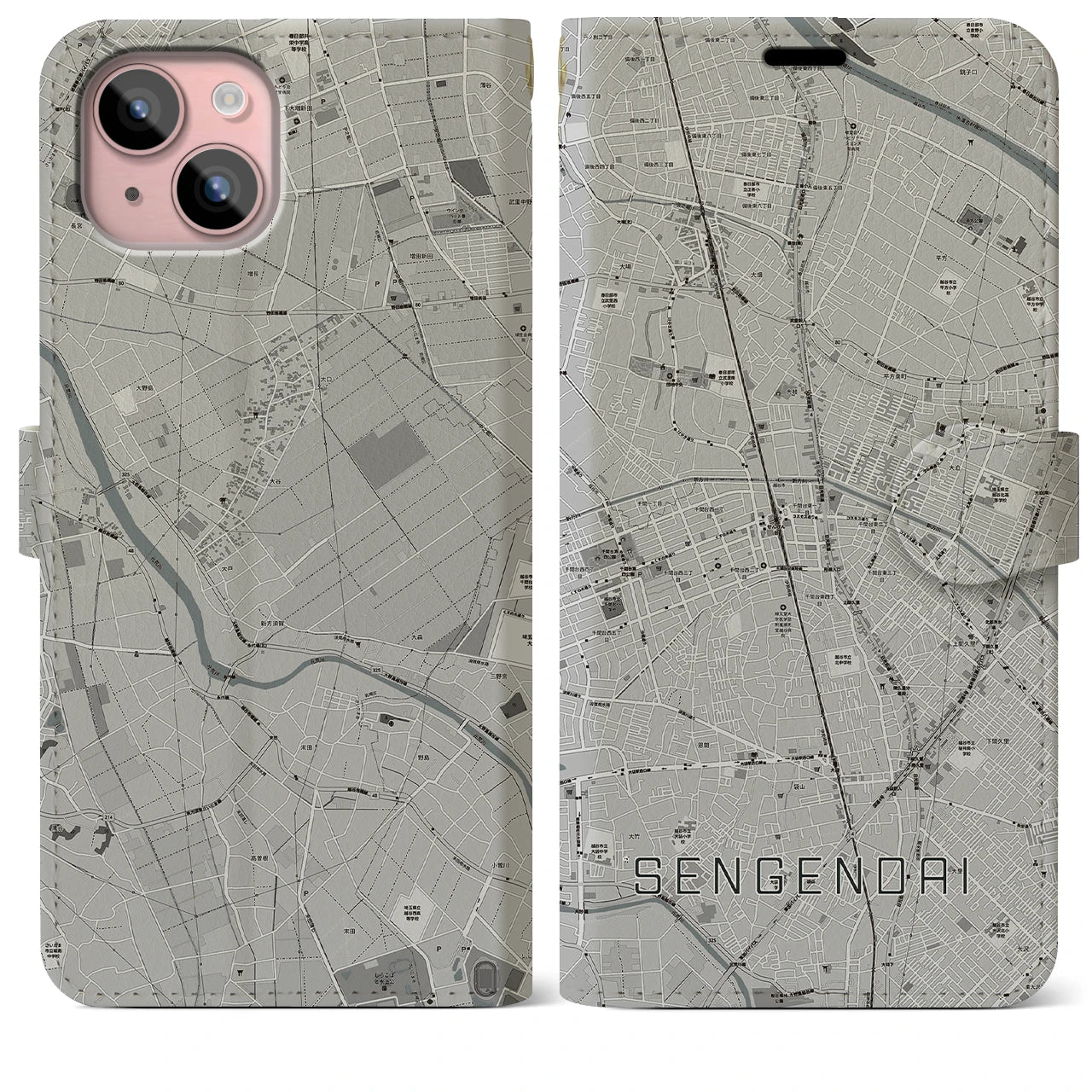 【せんげん台(埼玉県)】地図柄iPhoneケース(手帳タイプ)モノトーン・iPhone 15 Plus 用