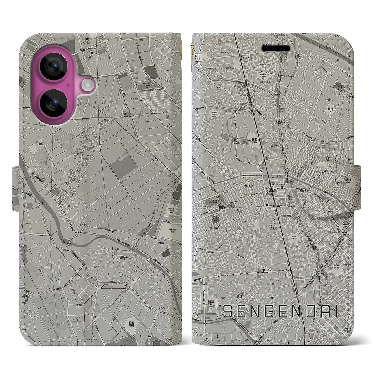 【せんげん台(埼玉県)】地図柄iPhoneケース(手帳タイプ)モノトーン・iPhone 16 Pro 用