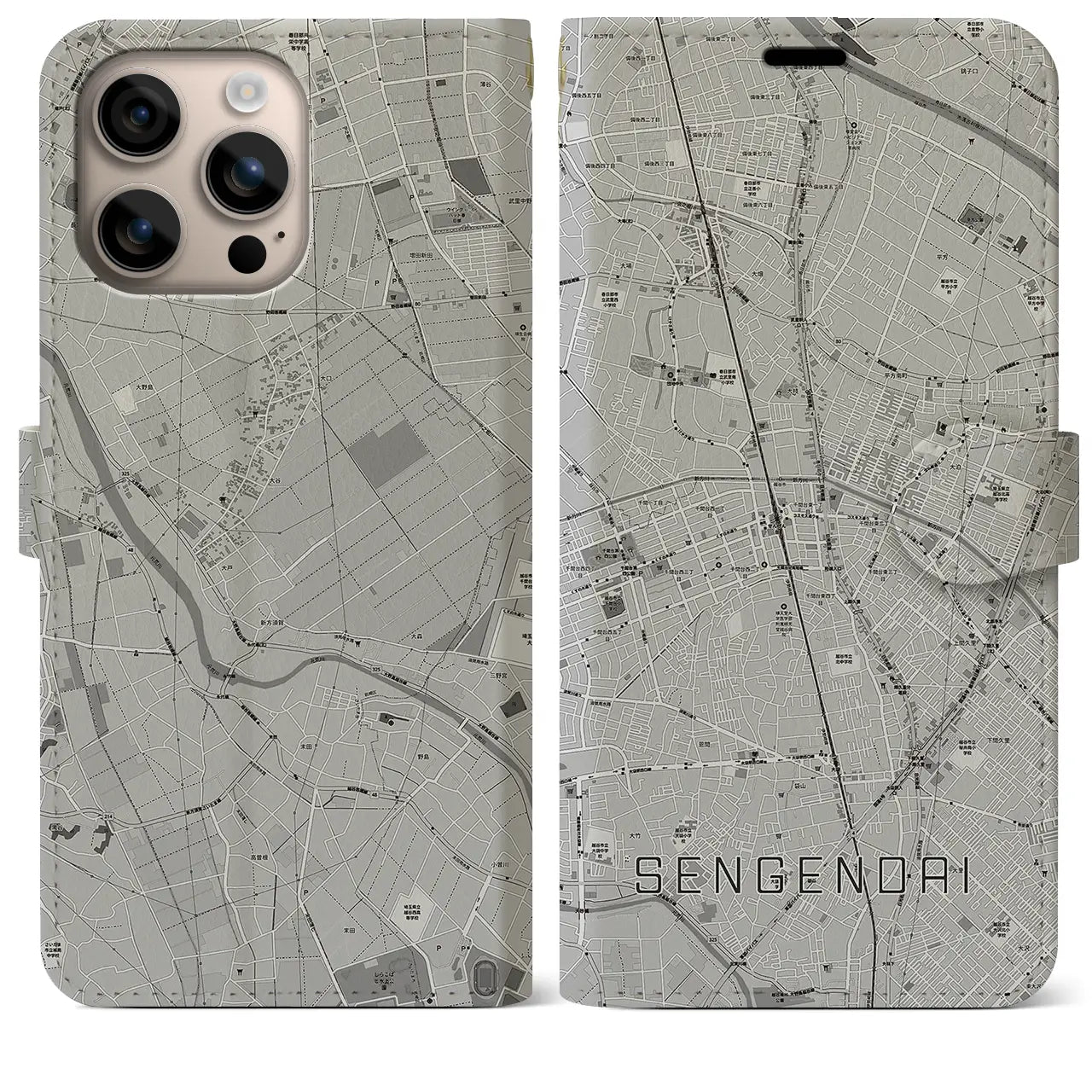 【せんげん台(埼玉県)】地図柄iPhoneケース(手帳タイプ)モノトーン・iPhone 16 Plus 用
