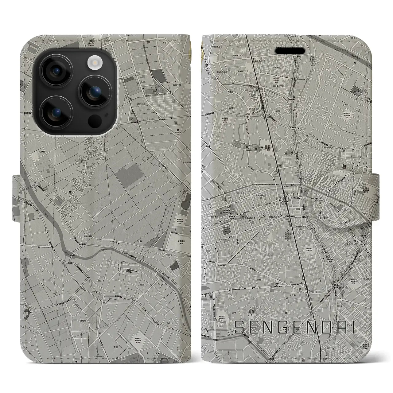 【せんげん台(埼玉県)】地図柄iPhoneケース(手帳タイプ)モノトーン・iPhone 16 用