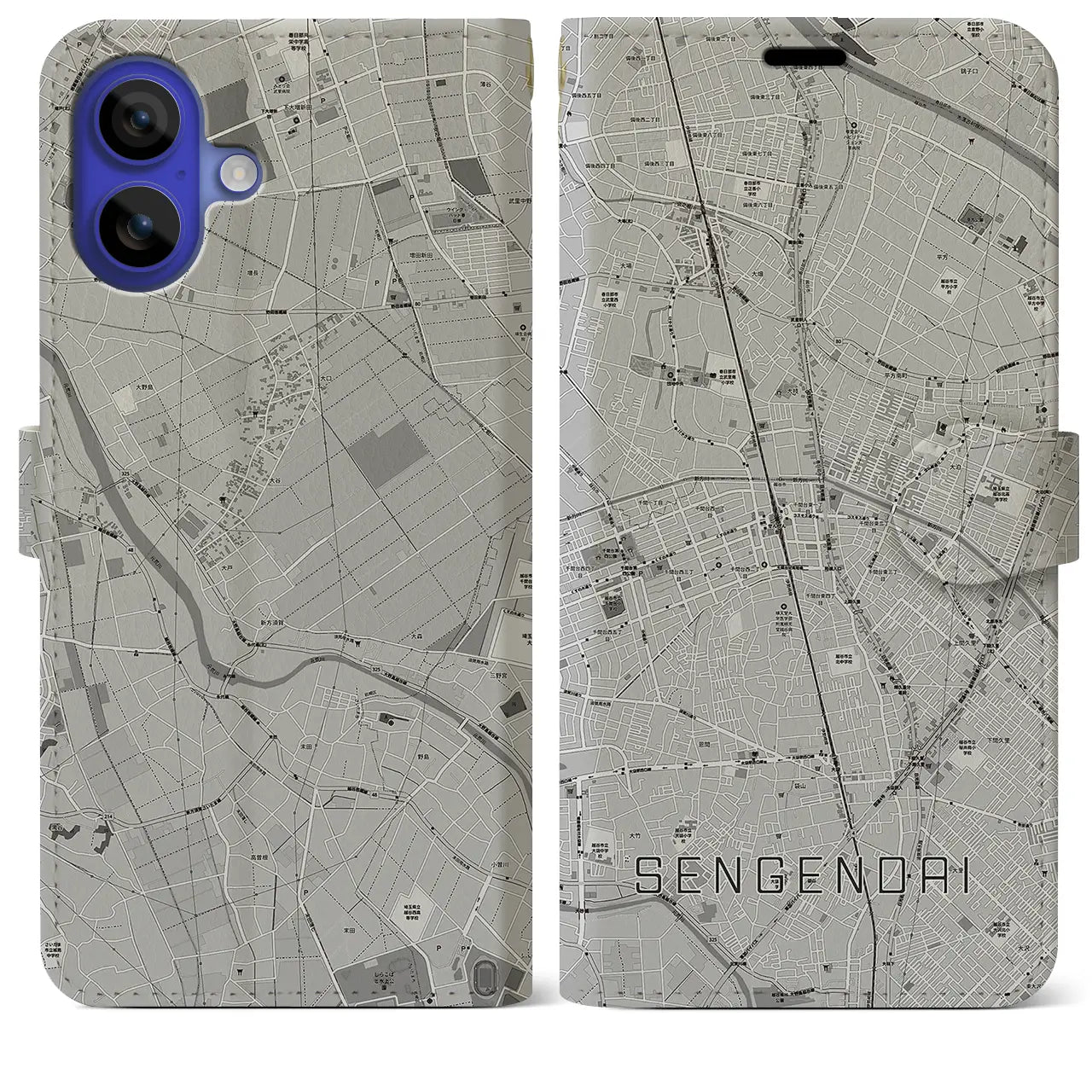 【せんげん台(埼玉県)】地図柄iPhoneケース(手帳タイプ)モノトーン・iPhone 16 Pro Max 用