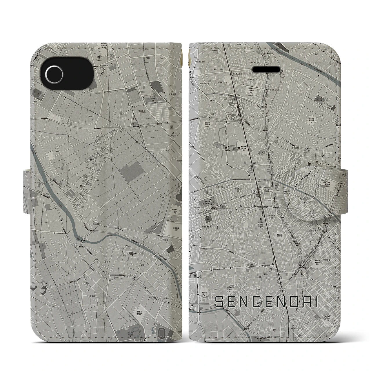 【せんげん台(埼玉県)】地図柄iPhoneケース(手帳タイプ)モノトーン・iPhone SE(第3 / 第2世代) / 8 / 7 / 6s / 6 用