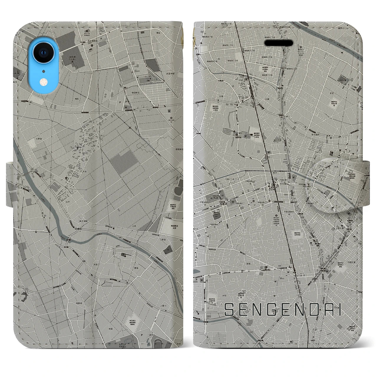 【せんげん台(埼玉県)】地図柄iPhoneケース(手帳タイプ)モノトーン・iPhone XR 用