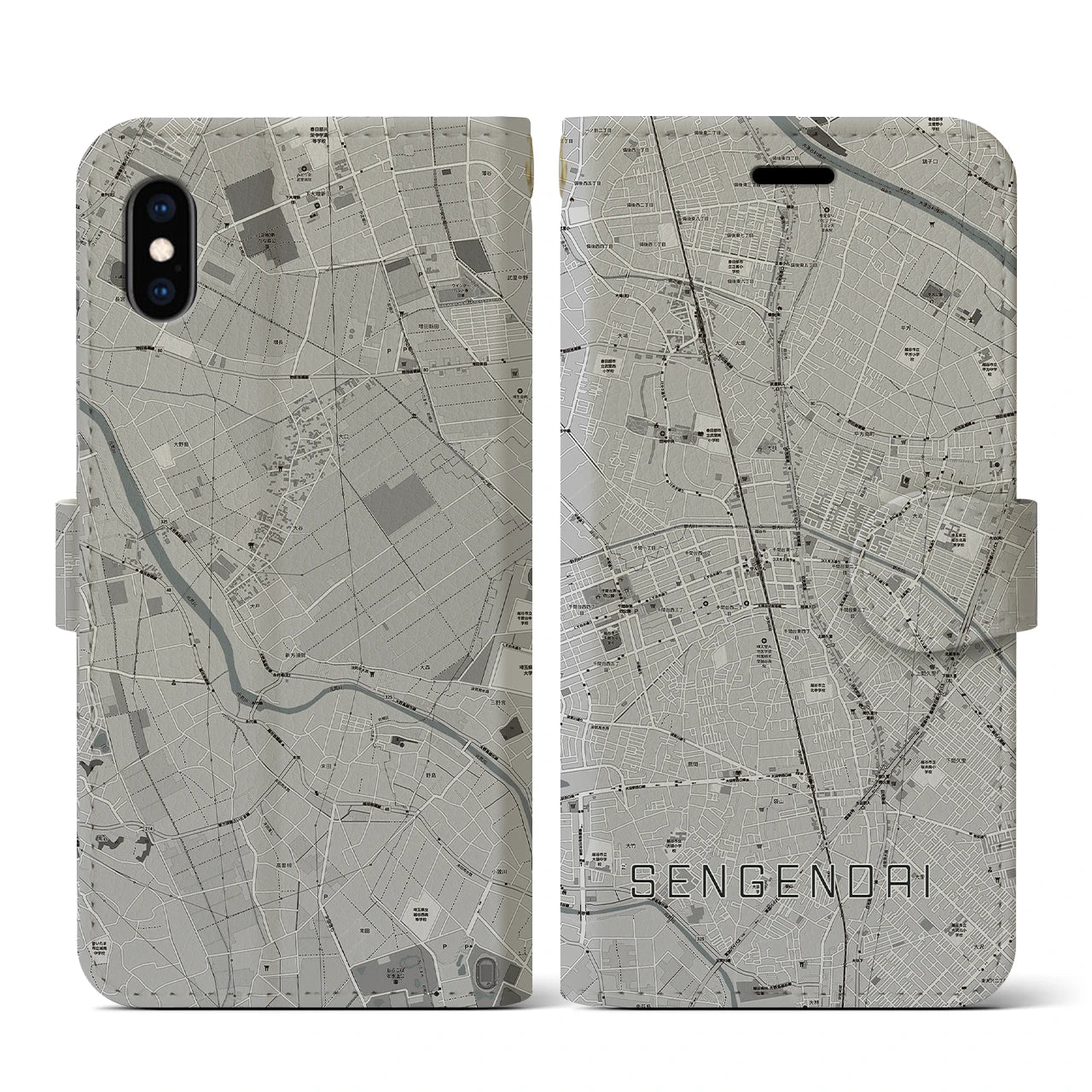 【せんげん台(埼玉県)】地図柄iPhoneケース(手帳タイプ)モノトーン・iPhone XS / X 用