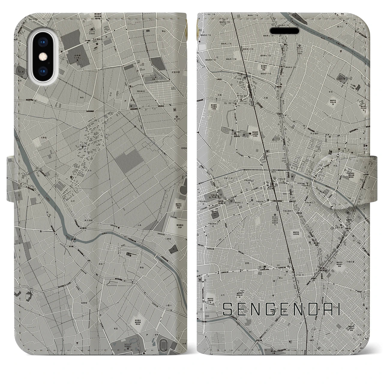【せんげん台(埼玉県)】地図柄iPhoneケース(手帳タイプ)モノトーン・iPhone XS Max 用