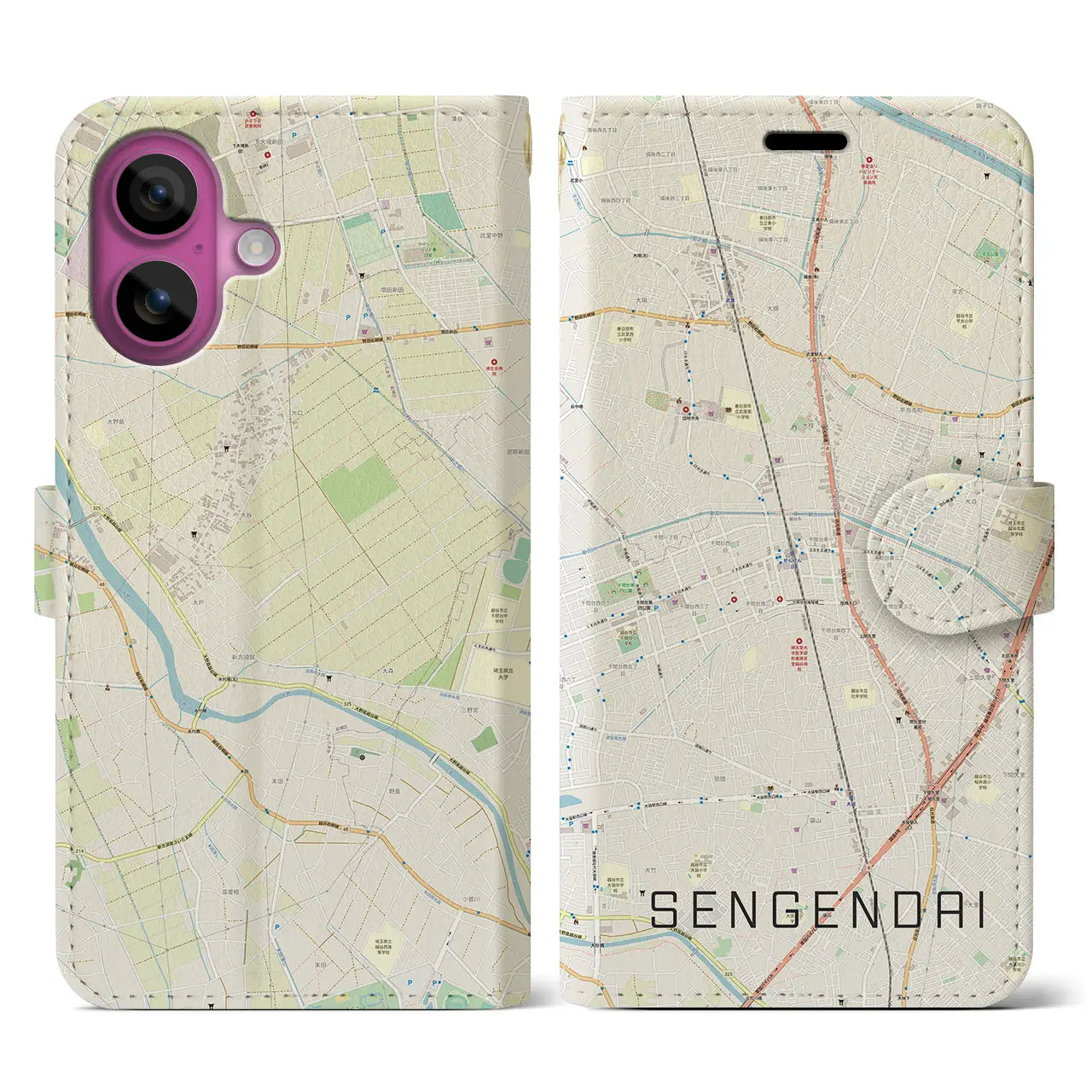 【せんげん台(埼玉県)】地図柄iPhoneケース(手帳タイプ)ナチュラル・iPhone 16 Pro 用