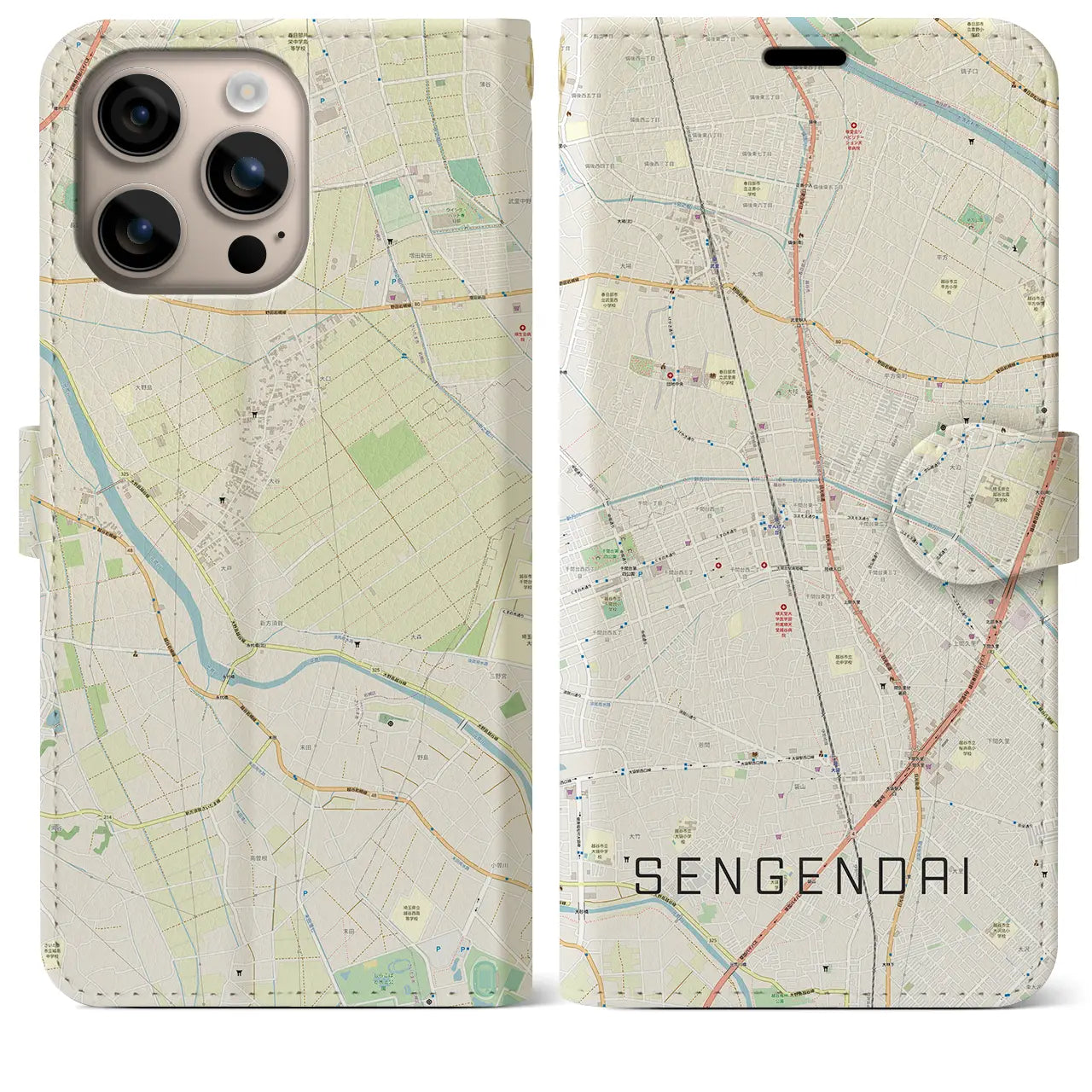【せんげん台(埼玉県)】地図柄iPhoneケース(手帳タイプ)ナチュラル・iPhone 16 Plus 用