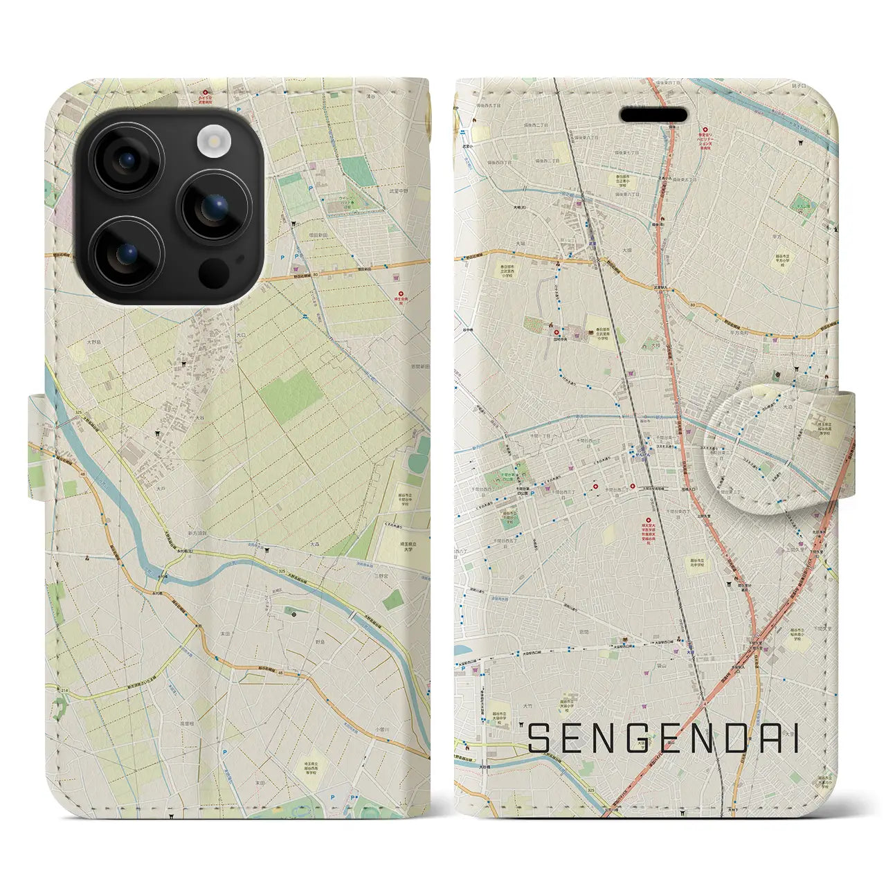 【せんげん台(埼玉県)】地図柄iPhoneケース(手帳タイプ)ナチュラル・iPhone 16 用