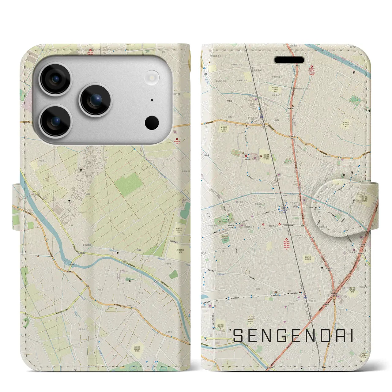 【せんげん台(埼玉県)】地図柄iPhoneケース(手帳タイプ)