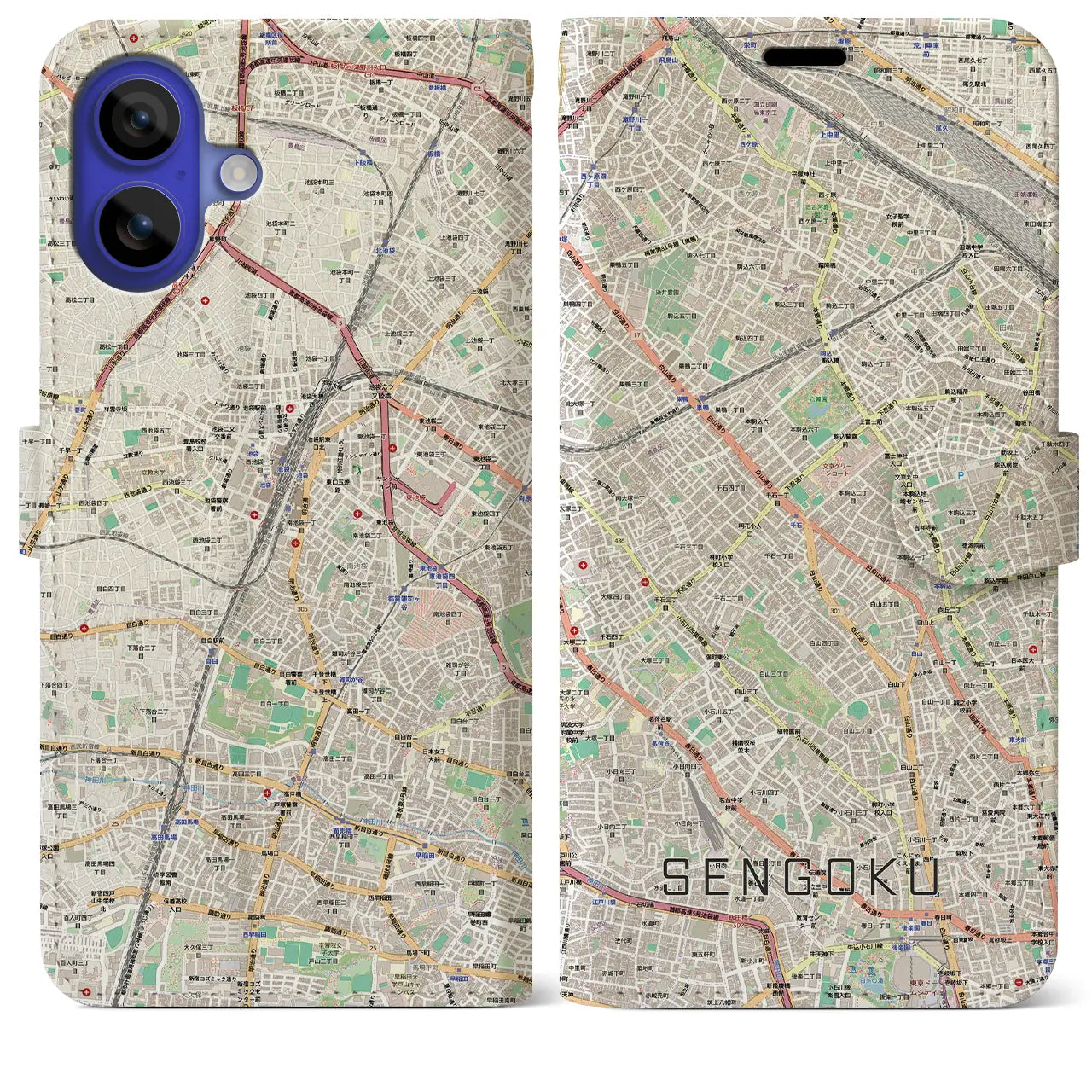 【千石(東京都)】地図柄iPhoneケース(手帳タイプ)モノトーン・iPhone 16 Pro Max 用