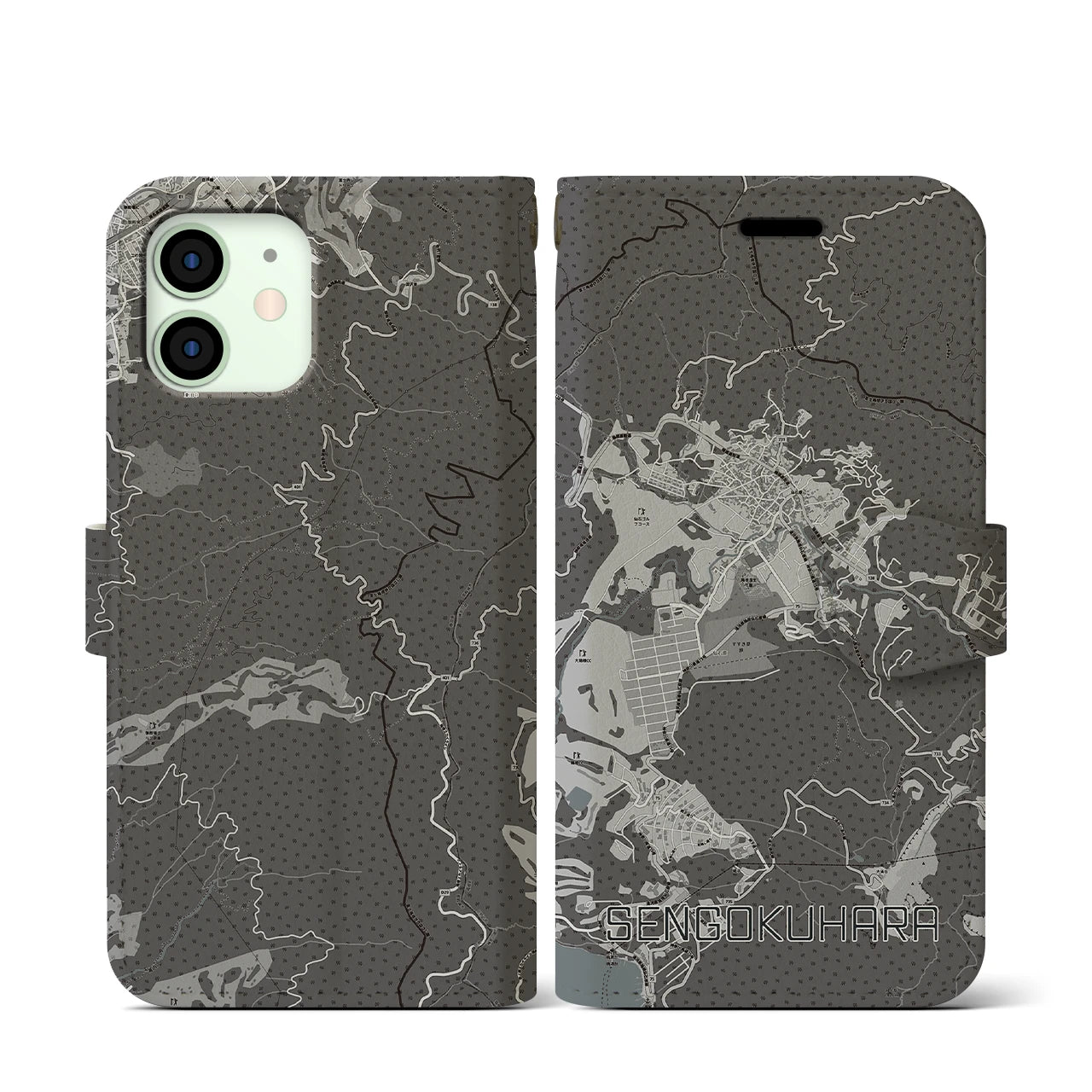 【仙石原(神奈川県)】地図柄iPhoneケース(手帳タイプ)モノトーン・iPhone 12 mini 用
