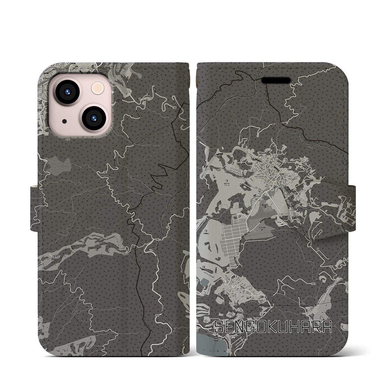 【仙石原(神奈川県)】地図柄iPhoneケース(手帳タイプ)モノトーン・iPhone 13 mini 用