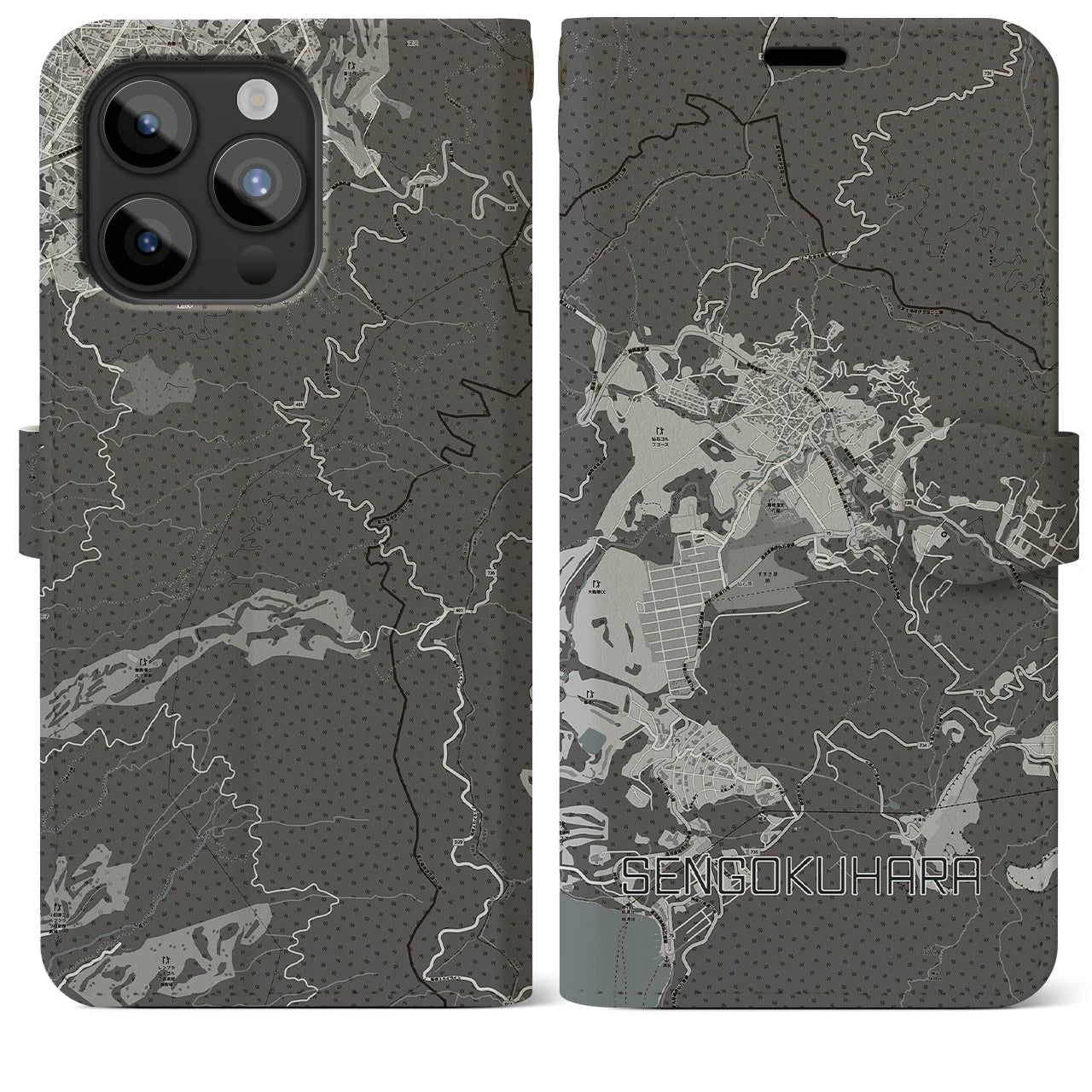 【仙石原(神奈川県)】地図柄iPhoneケース(手帳タイプ)モノトーン・iPhone 15 Pro Max 用