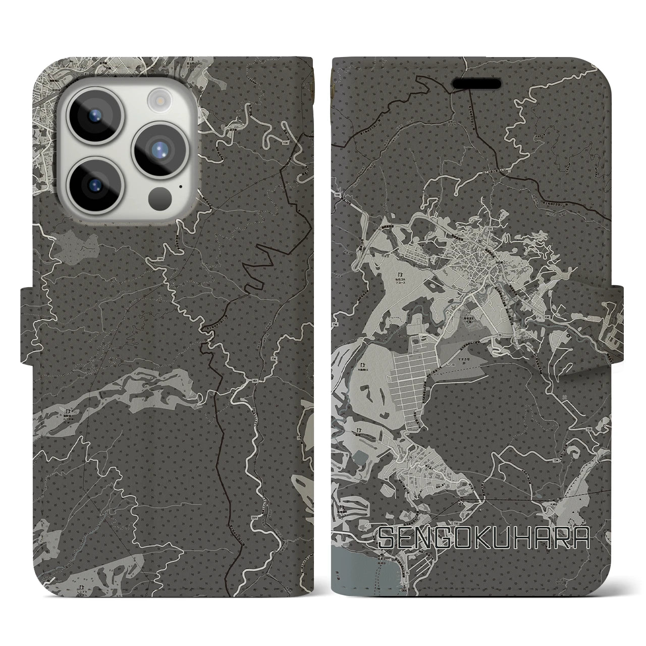 【仙石原(神奈川県)】地図柄iPhoneケース(手帳タイプ)モノトーン・iPhone 15 Pro 用