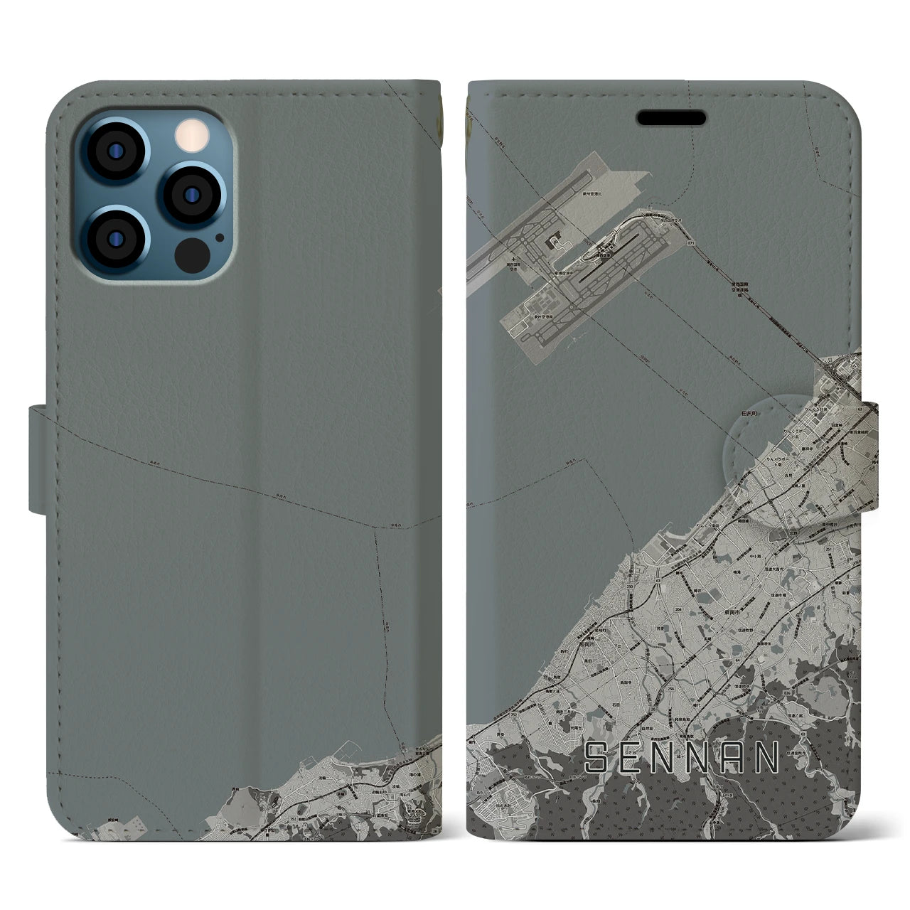 【泉南(大阪府)】地図柄iPhoneケース(手帳タイプ)モノトーン・iPhone 12 / 12 Pro 用