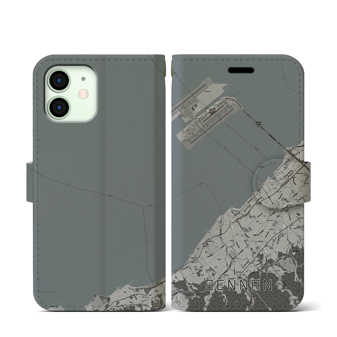【泉南(大阪府)】地図柄iPhoneケース(手帳タイプ)モノトーン・iPhone 12 mini 用