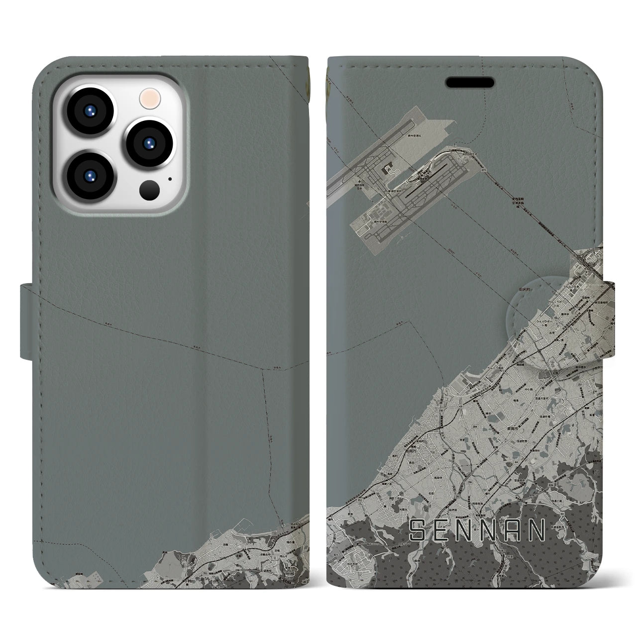 【泉南(大阪府)】地図柄iPhoneケース(手帳タイプ)モノトーン・iPhone 13 Pro 用