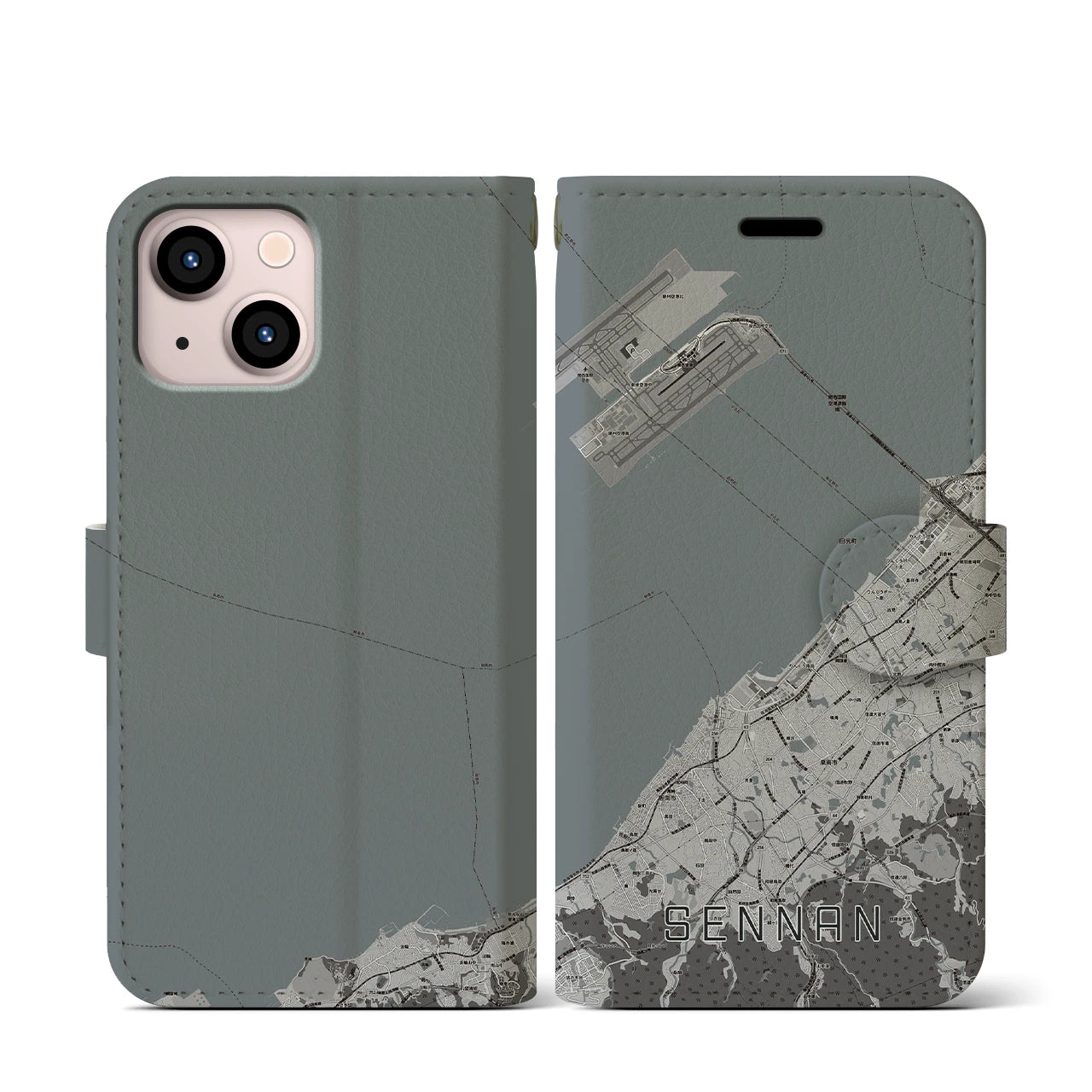 【泉南(大阪府)】地図柄iPhoneケース(手帳タイプ)モノトーン・iPhone 13 mini 用