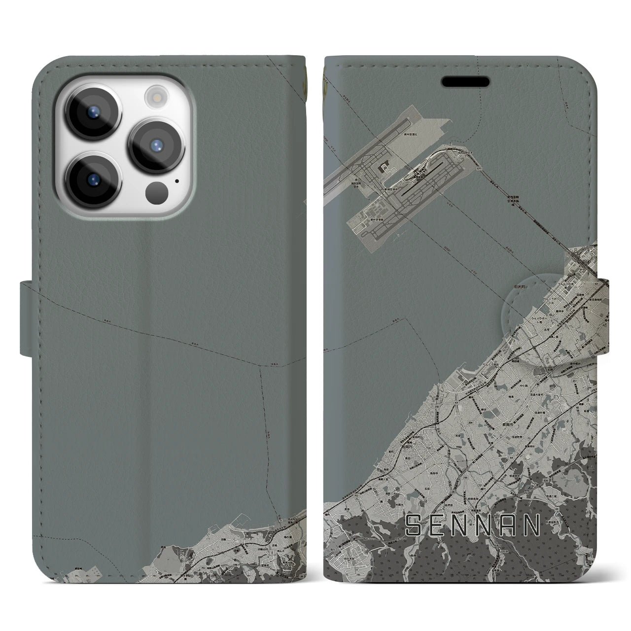 【泉南(大阪府)】地図柄iPhoneケース(手帳タイプ)モノトーン・iPhone 14 Pro 用