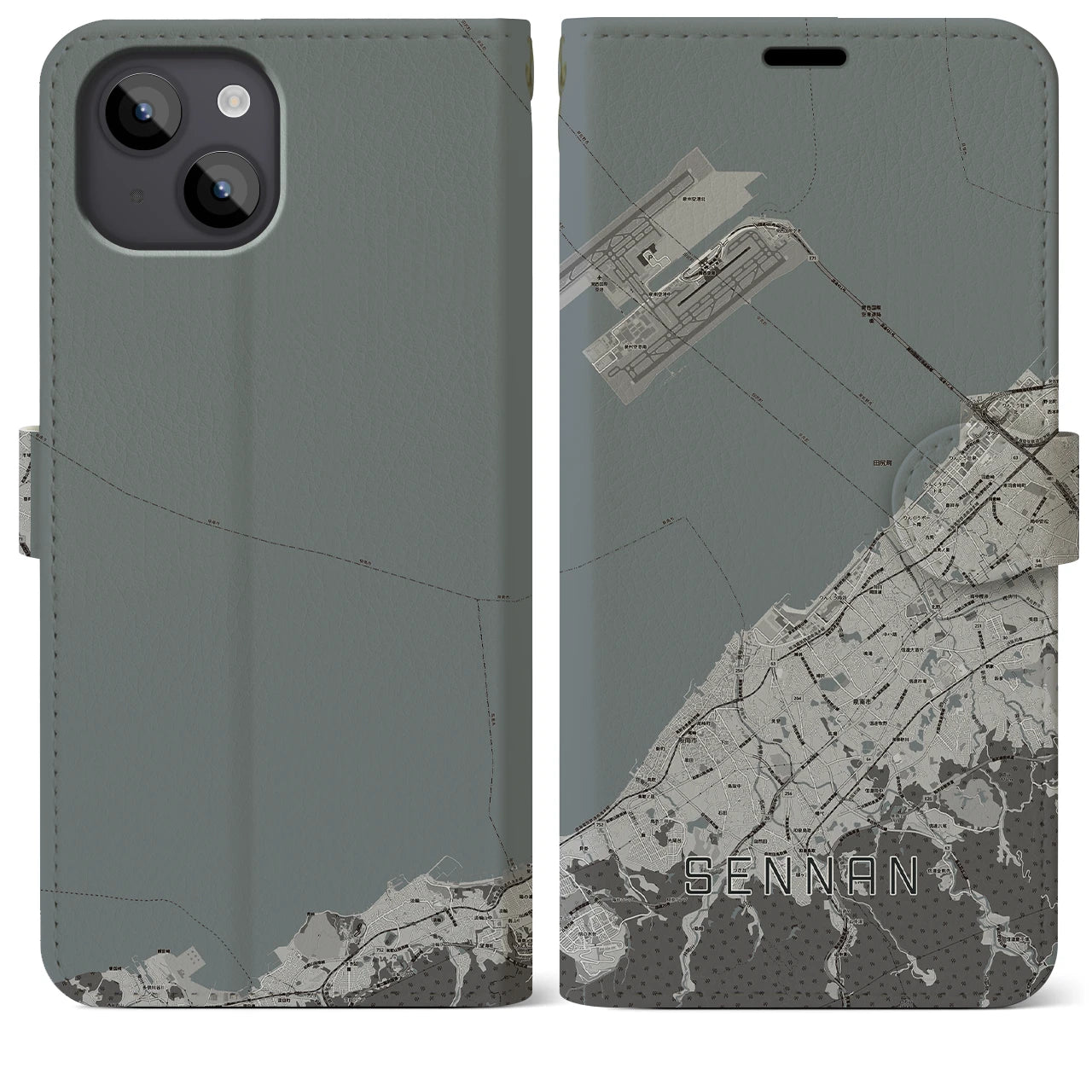 【泉南(大阪府)】地図柄iPhoneケース(手帳タイプ)モノトーン・iPhone 14 Plus 用