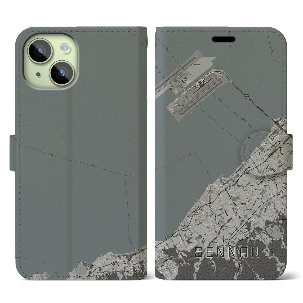 【泉南(大阪府)】地図柄iPhoneケース(手帳タイプ)モノトーン・iPhone 15 用