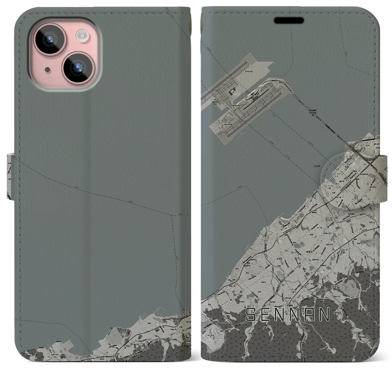 【泉南(大阪府)】地図柄iPhoneケース(手帳タイプ)モノトーン・iPhone 15 Plus 用