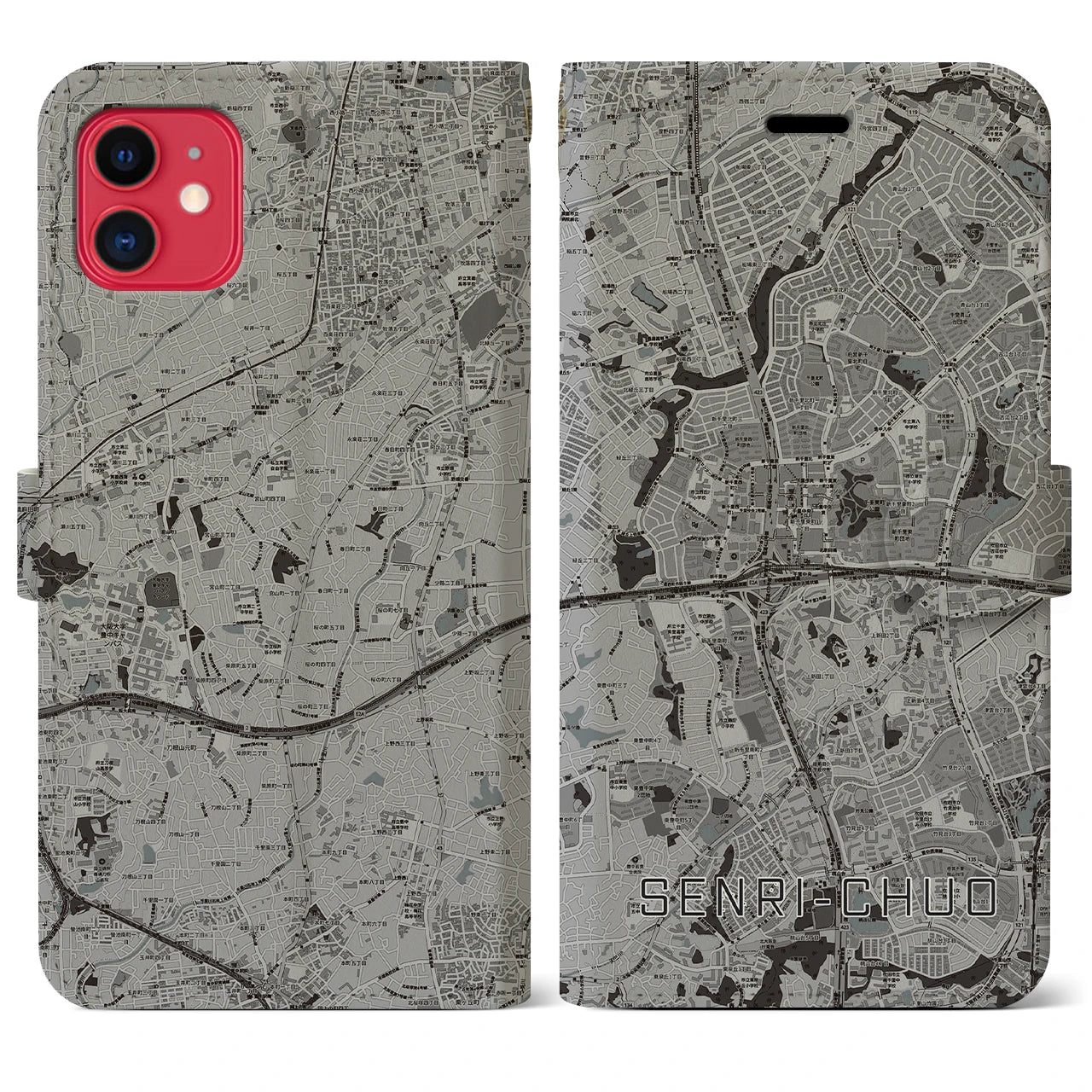 【千里中央(大阪府)】地図柄iPhoneケース(手帳タイプ)モノトーン・iPhone 11 用