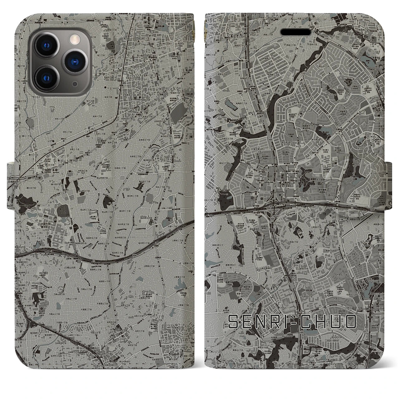 【千里中央(大阪府)】地図柄iPhoneケース(手帳タイプ)モノトーン・iPhone 11 Pro Max 用