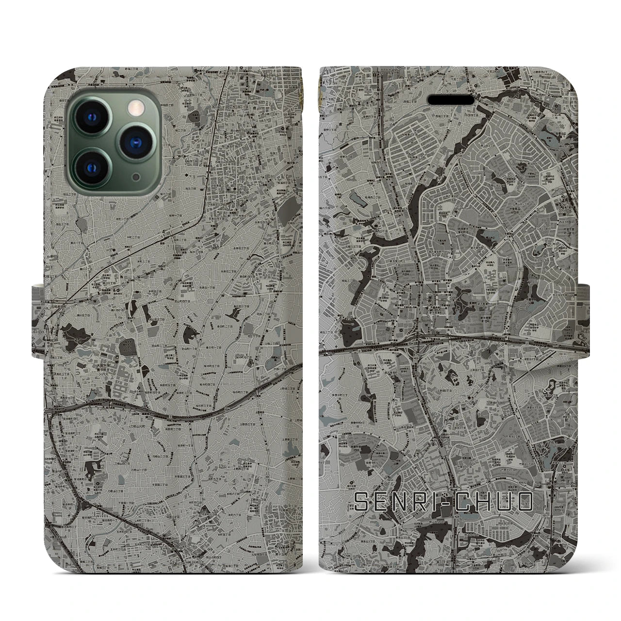 【千里中央(大阪府)】地図柄iPhoneケース(手帳タイプ)モノトーン・iPhone 11 Pro 用