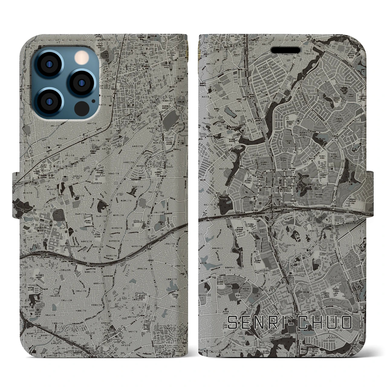 【千里中央(大阪府)】地図柄iPhoneケース(手帳タイプ)モノトーン・iPhone 12 / 12 Pro 用