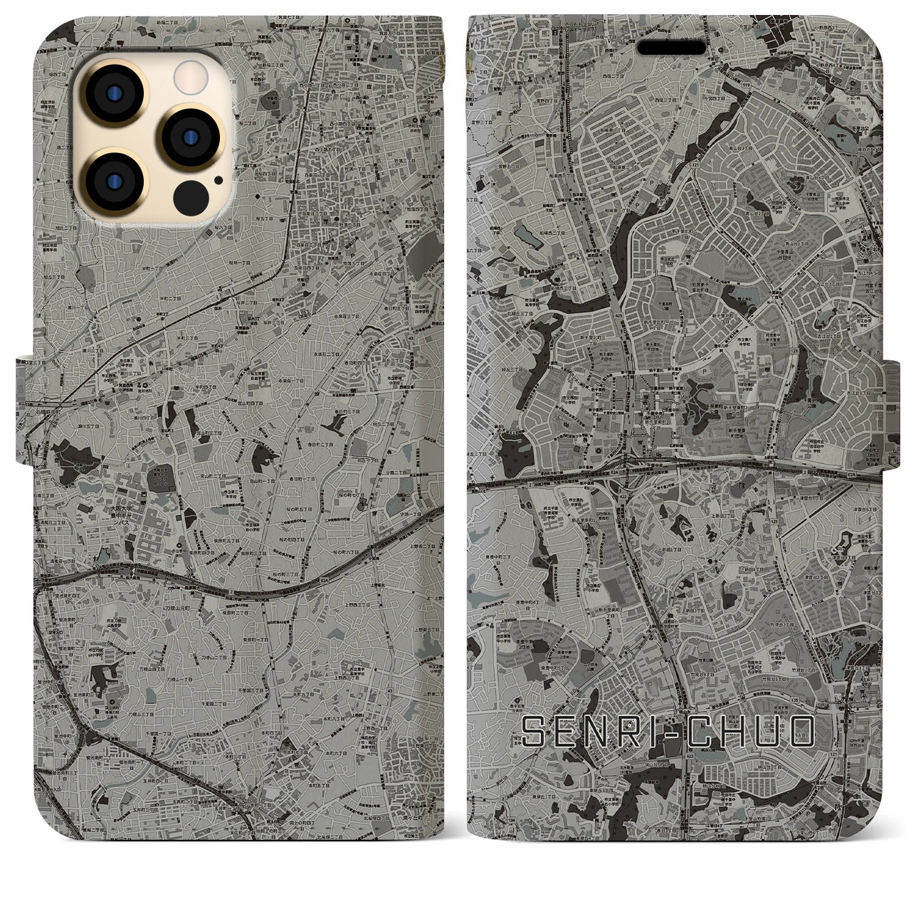 【千里中央(大阪府)】地図柄iPhoneケース(手帳タイプ)モノトーン・iPhone 12 Pro Max 用