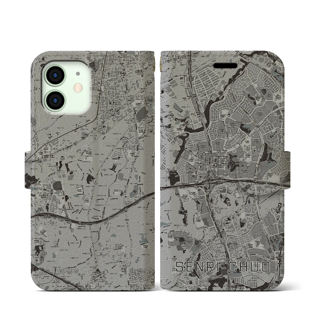 【千里中央(大阪府)】地図柄iPhoneケース(手帳タイプ)モノトーン・iPhone 12 mini 用