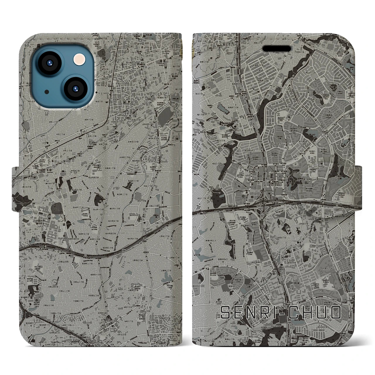 【千里中央(大阪府)】地図柄iPhoneケース(手帳タイプ)モノトーン・iPhone 13 用
